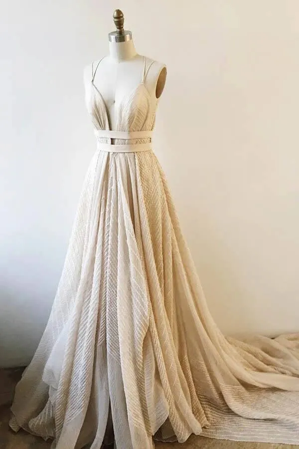 A-line Lace V-neck Backless Prom Dresses With Court Train, Party Dress, MP771