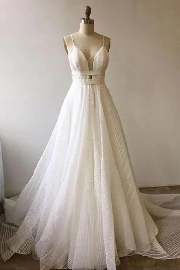 A-line Lace V-neck Backless Prom Dresses With Court Train, Party Dress, MP771