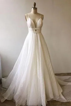 A-line Lace V-neck Backless Prom Dresses With Court Train, Party Dress, MP771