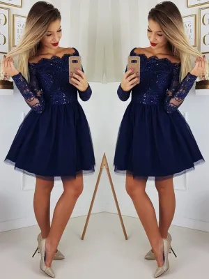A Line Long Sleeves Lace Navy Blue Short Prom Dresses, Navy Blue Lace Homecoming Dresses