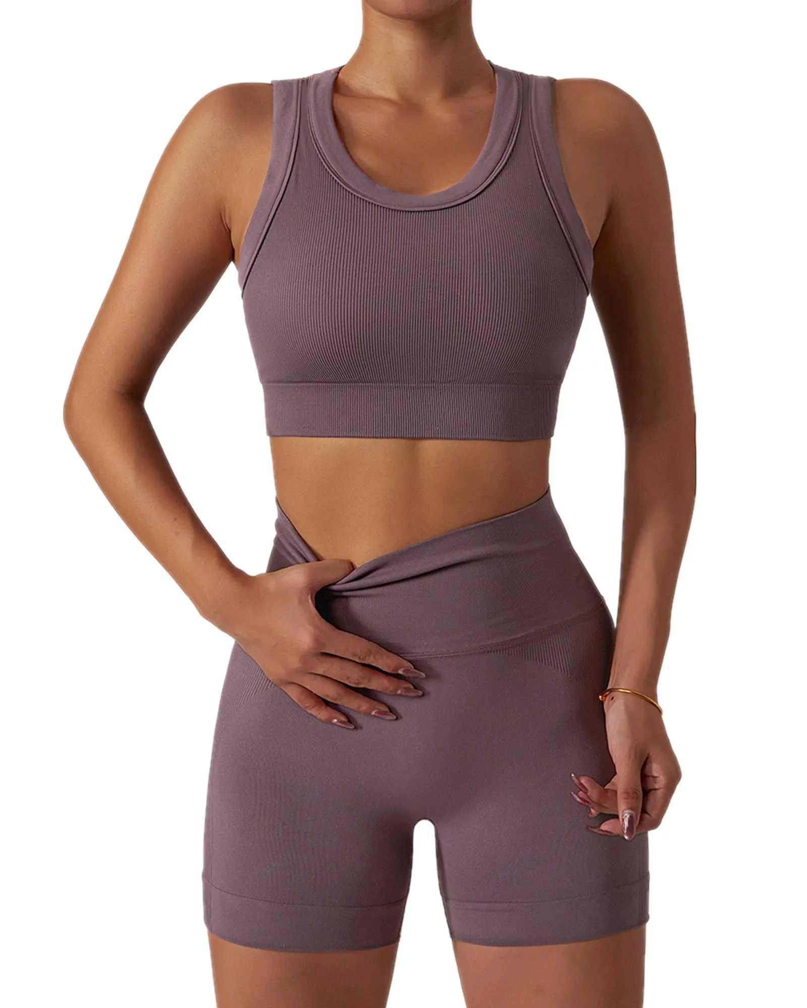 ABOCIW Workout Sets for Women, Summer 2 Piece Outfits, Ribbed Seamless Crop Tank Top Biker Shorts Matching 2 Pieces Outfits,Sexy Two Piece Yoga Workout Outfits Light Brown Small