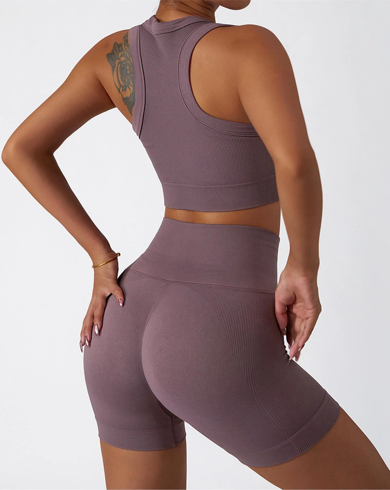 ABOCIW Workout Sets for Women, Summer 2 Piece Outfits, Ribbed Seamless Crop Tank Top Biker Shorts Matching 2 Pieces Outfits,Sexy Two Piece Yoga Workout Outfits Light Brown Small