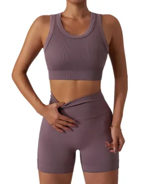 ABOCIW Workout Sets for Women, Summer 2 Piece Outfits, Ribbed Seamless Crop Tank Top Biker Shorts Matching 2 Pieces Outfits,Sexy Two Piece Yoga Workout Outfits Light Brown Small