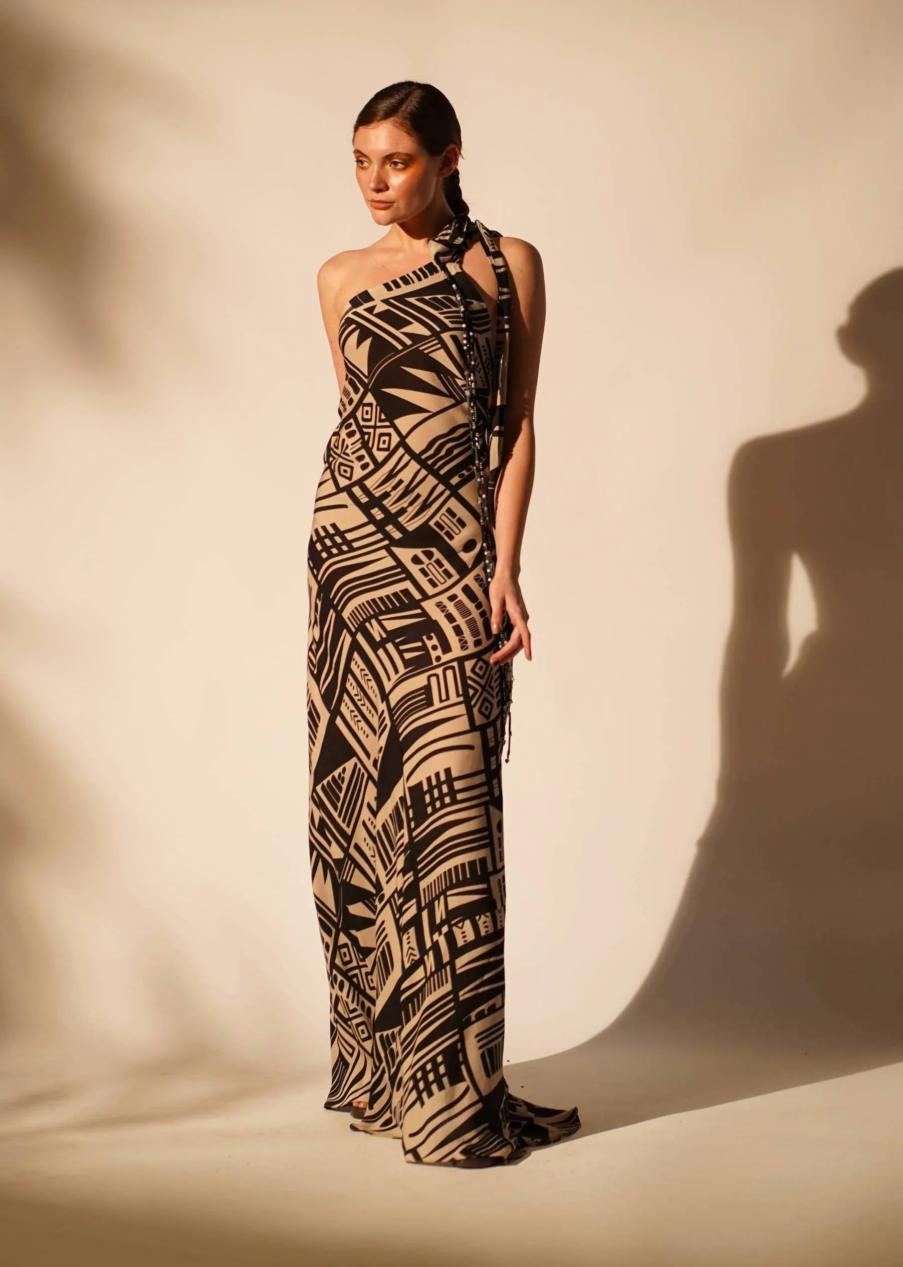 Abstract printed one-shoulder dress