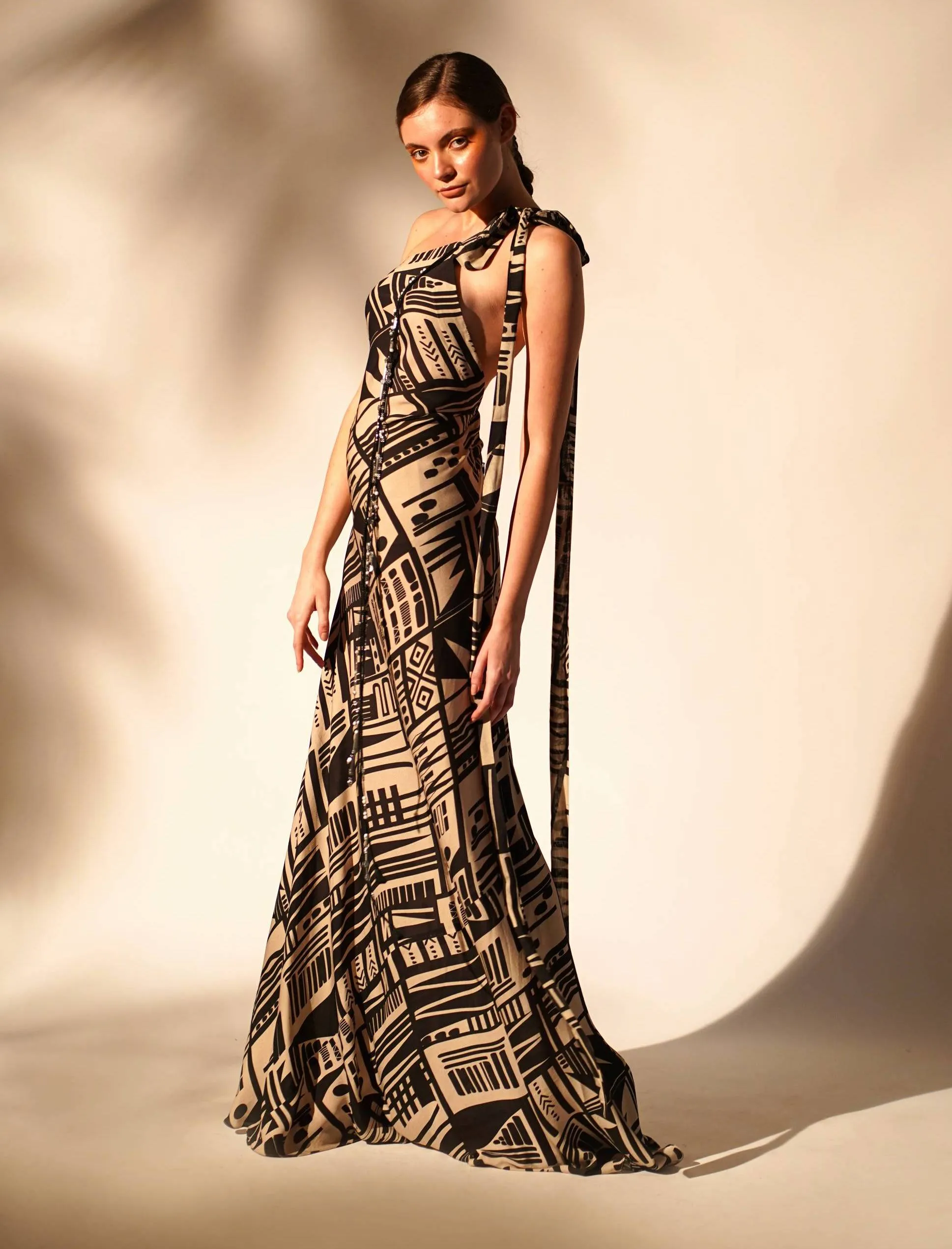 Abstract printed one-shoulder dress