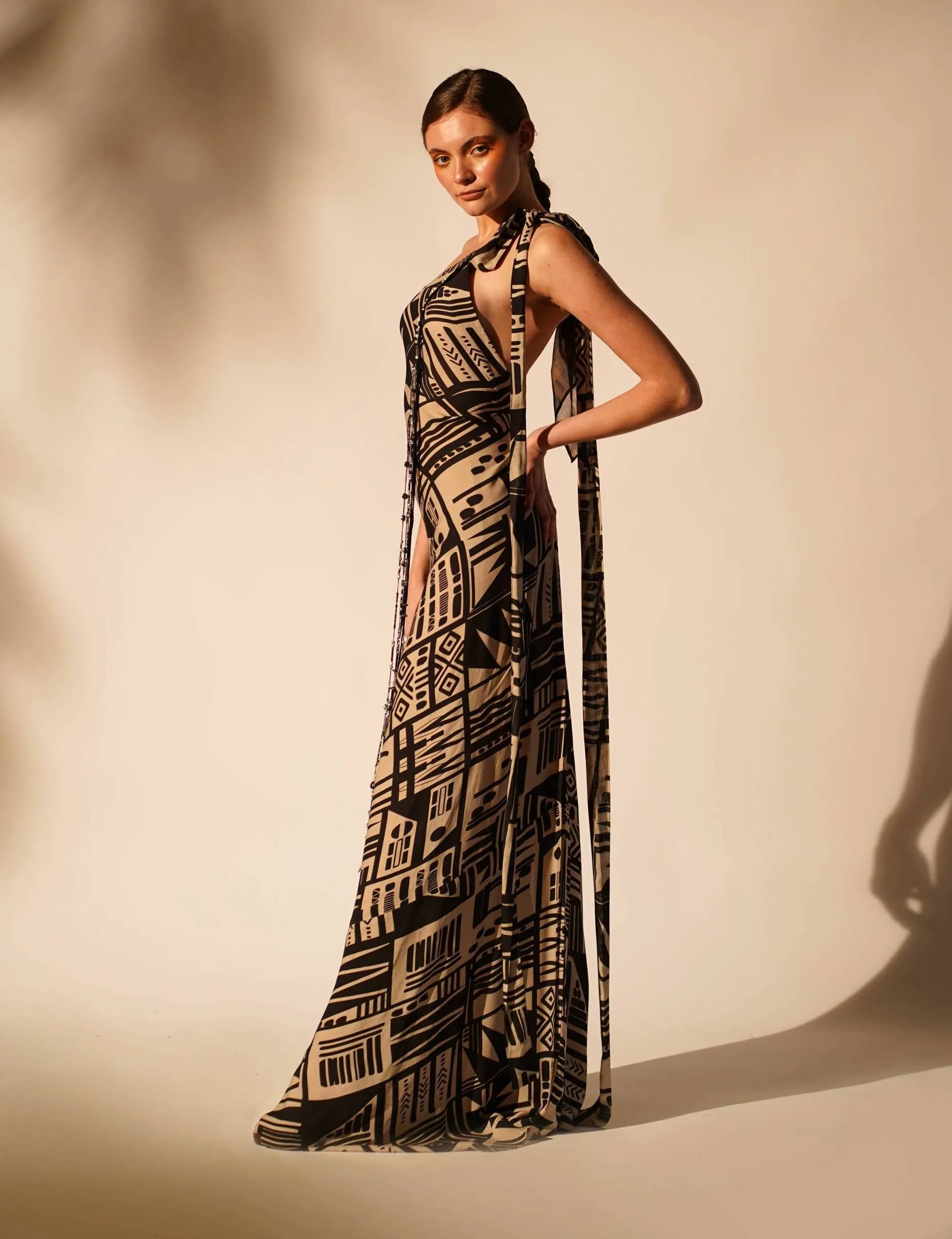 Abstract printed one-shoulder dress
