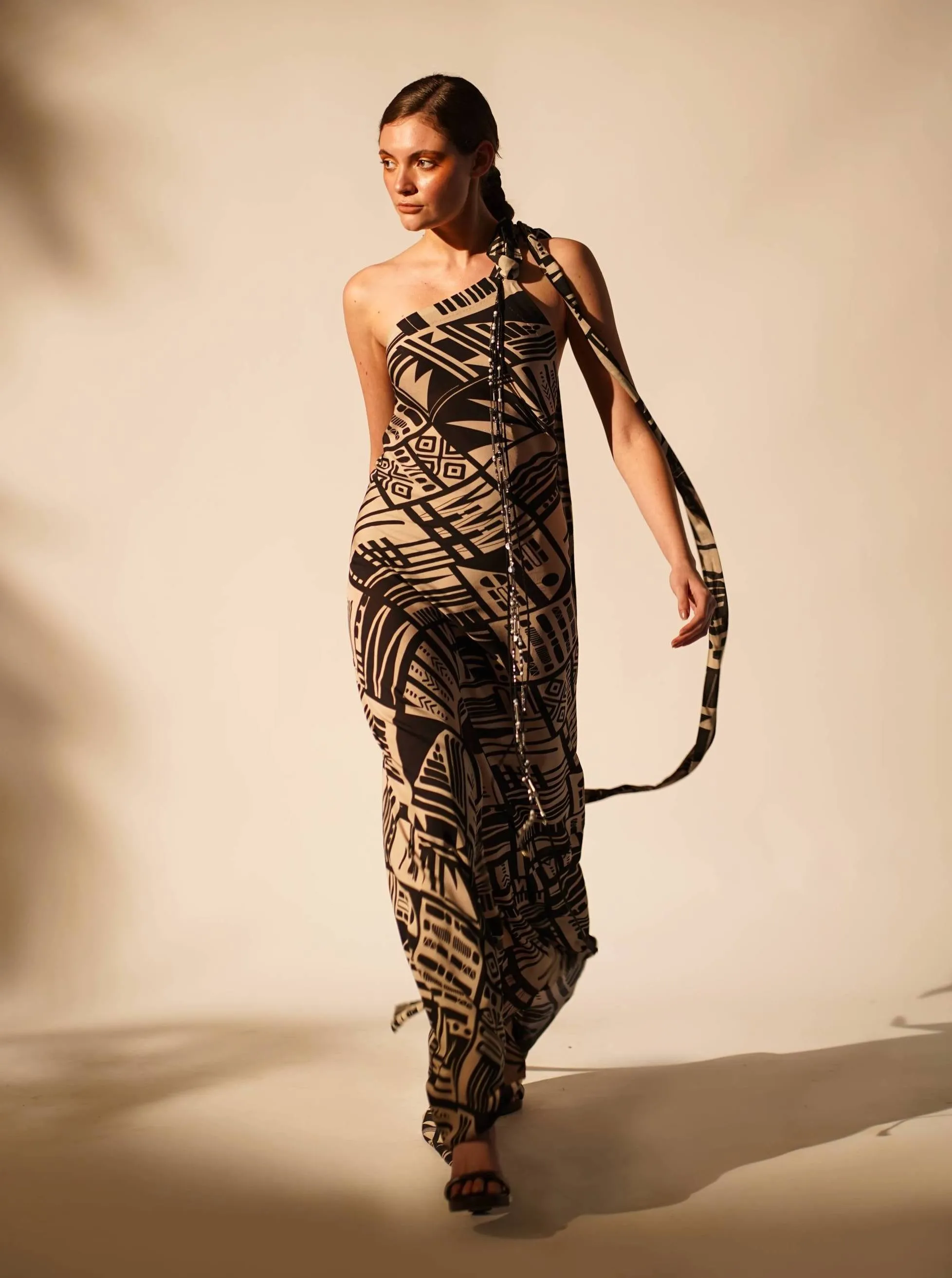 Abstract printed one-shoulder dress