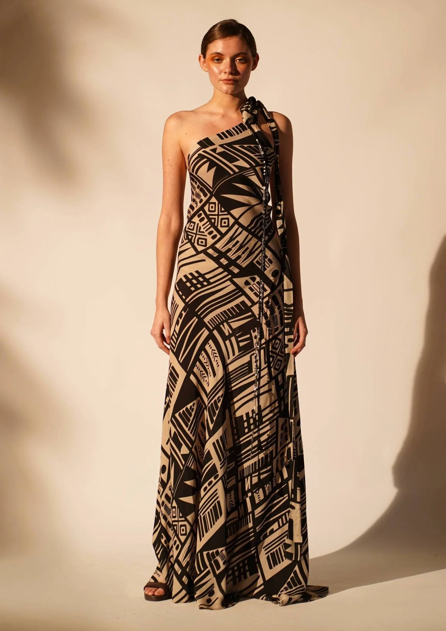 Abstract printed one-shoulder dress