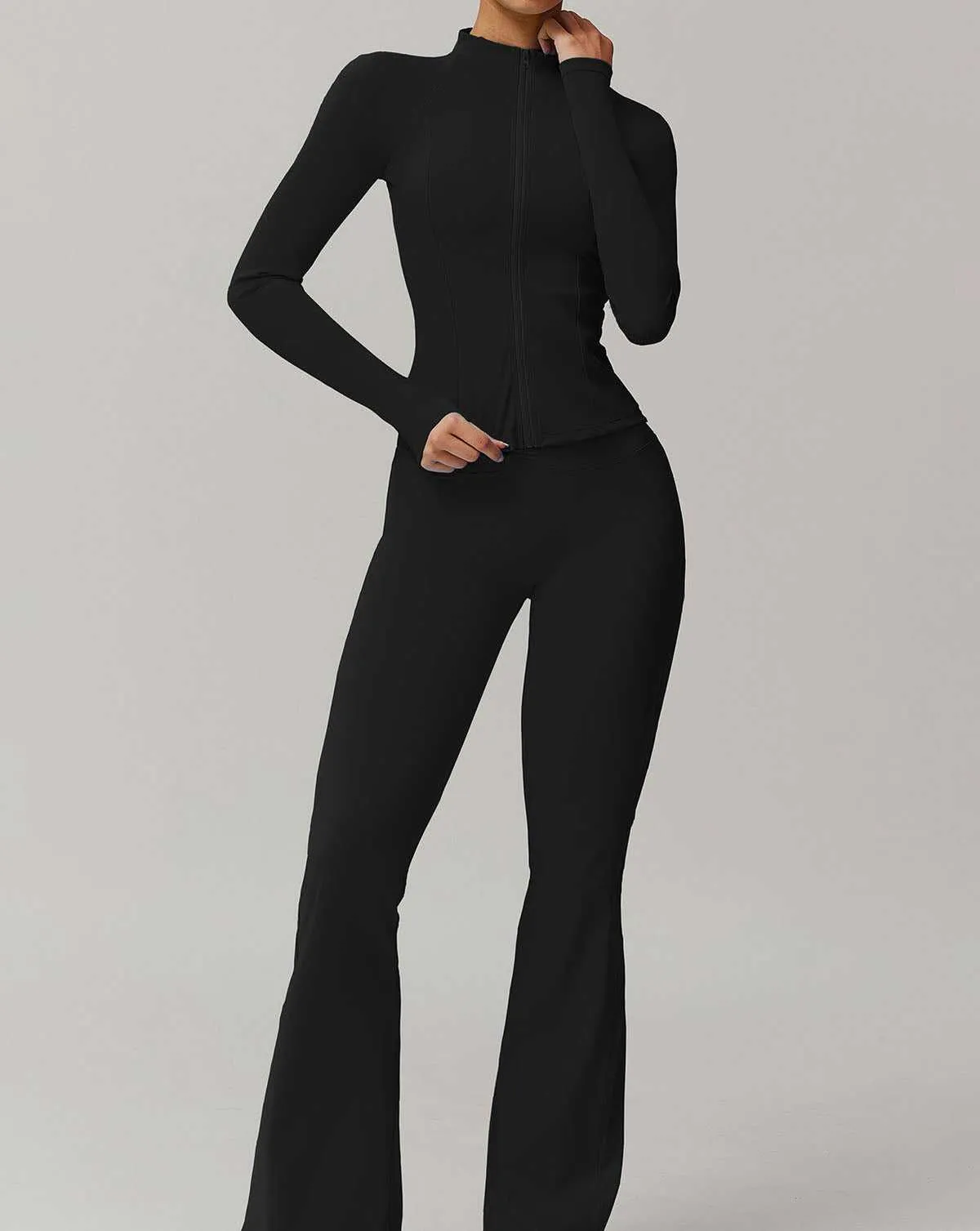 Activewear Set with Zipper Jacket and Flare Pant
