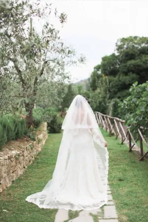 Alencon Lace Edge Cathedral Long Bridal Veil with Blusher APWV0010
