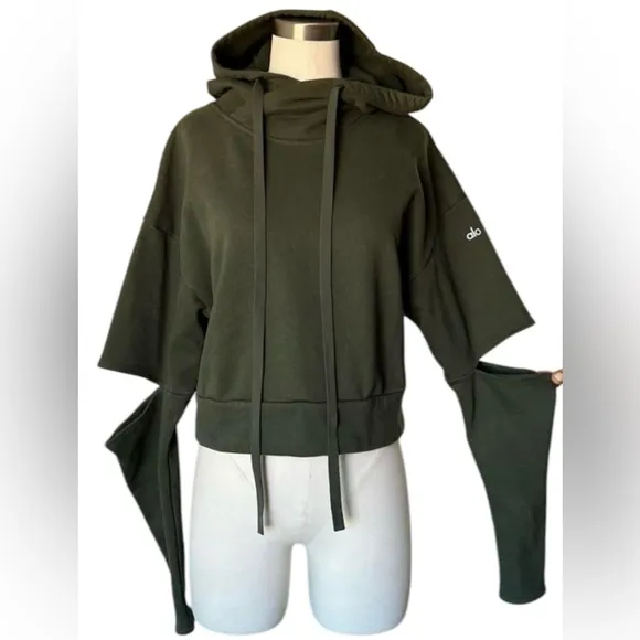 ALO Yoga Peak Elbow Cut-Out Crop Hoodie Sweatshirt Olive Green Women’s Size S