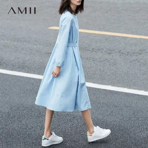 Amii Minimalist Casual Women Dress 2018 Solid O-Neck Puff Sleeve Drap Mid-Calf Dress