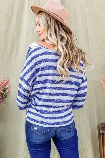 Andra Striped Lace Detail V Neck Top