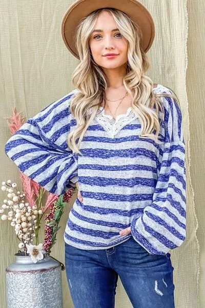 Andra Striped Lace Detail V Neck Top