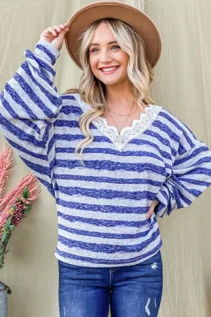 Andra Striped Lace Detail V Neck Top