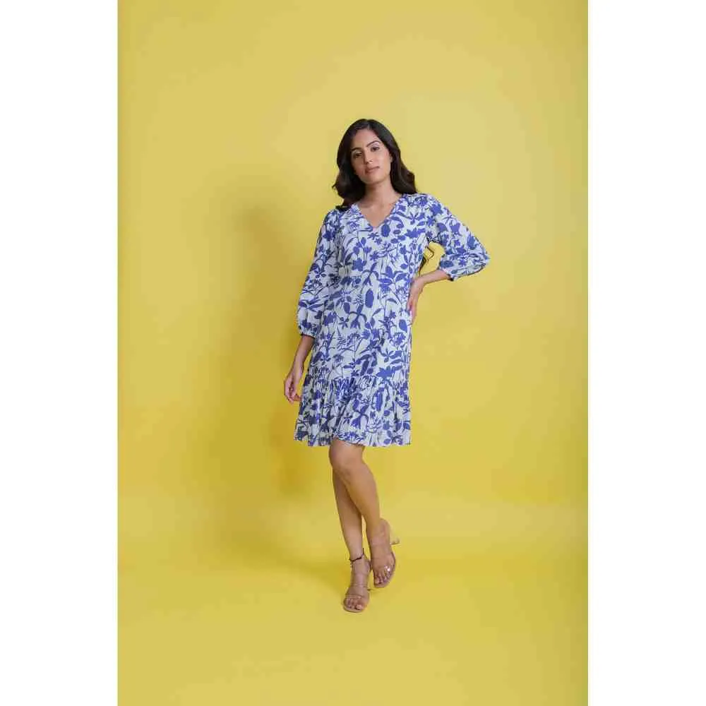 AROOP SHOP INDIA White & Blue Chloe Tier Dress