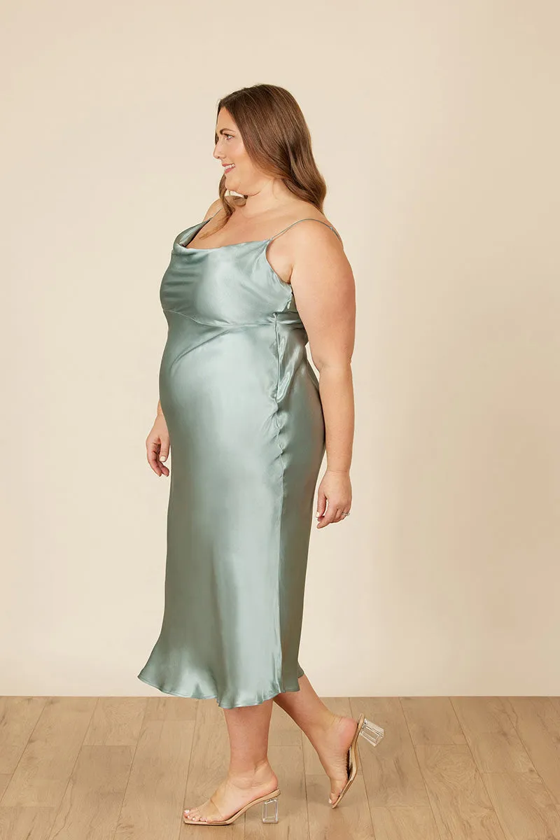 B4086 - Spaghetti Straps Ruched Sheath Satin Midi Bridesmaid Dress