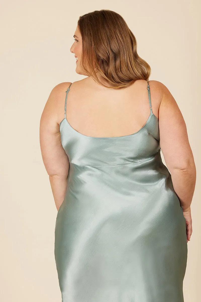 B4086 - Spaghetti Straps Ruched Sheath Satin Midi Bridesmaid Dress