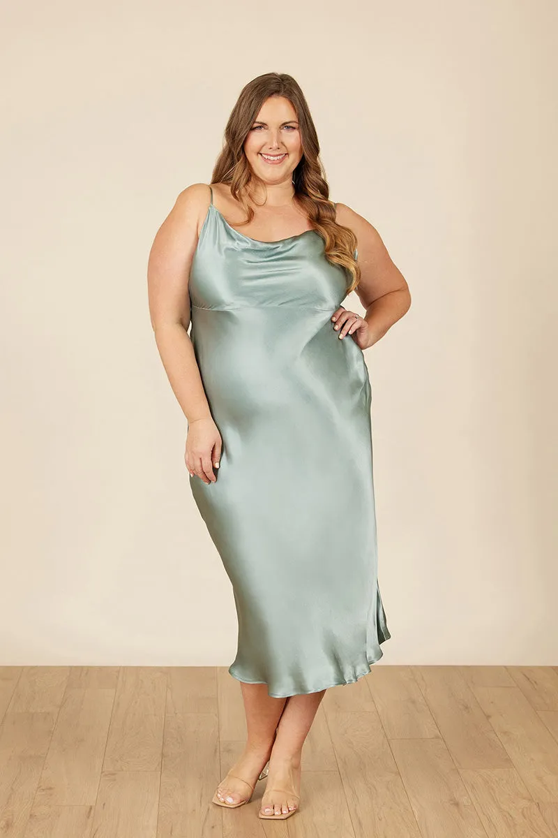 B4086 - Spaghetti Straps Ruched Sheath Satin Midi Bridesmaid Dress