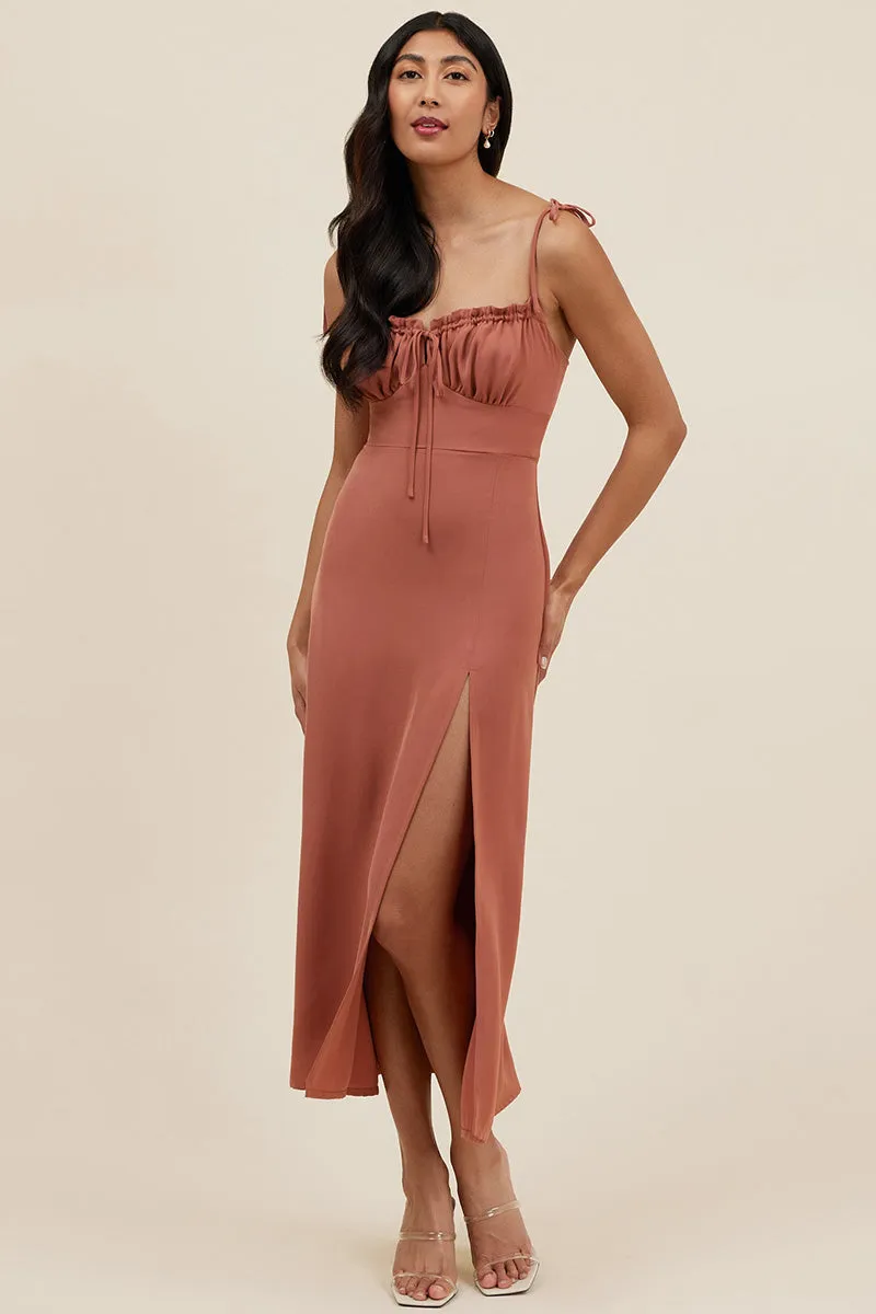 B4089 - Spaghetti Straps Ruched Satin Midi Bridesmaid Dress With Slit