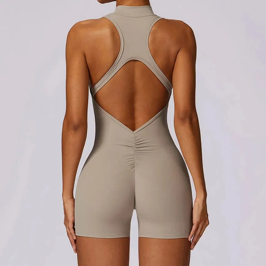 Backless Yoga Jumpsuit Shorts Set Women Zipper Workout Playsuit