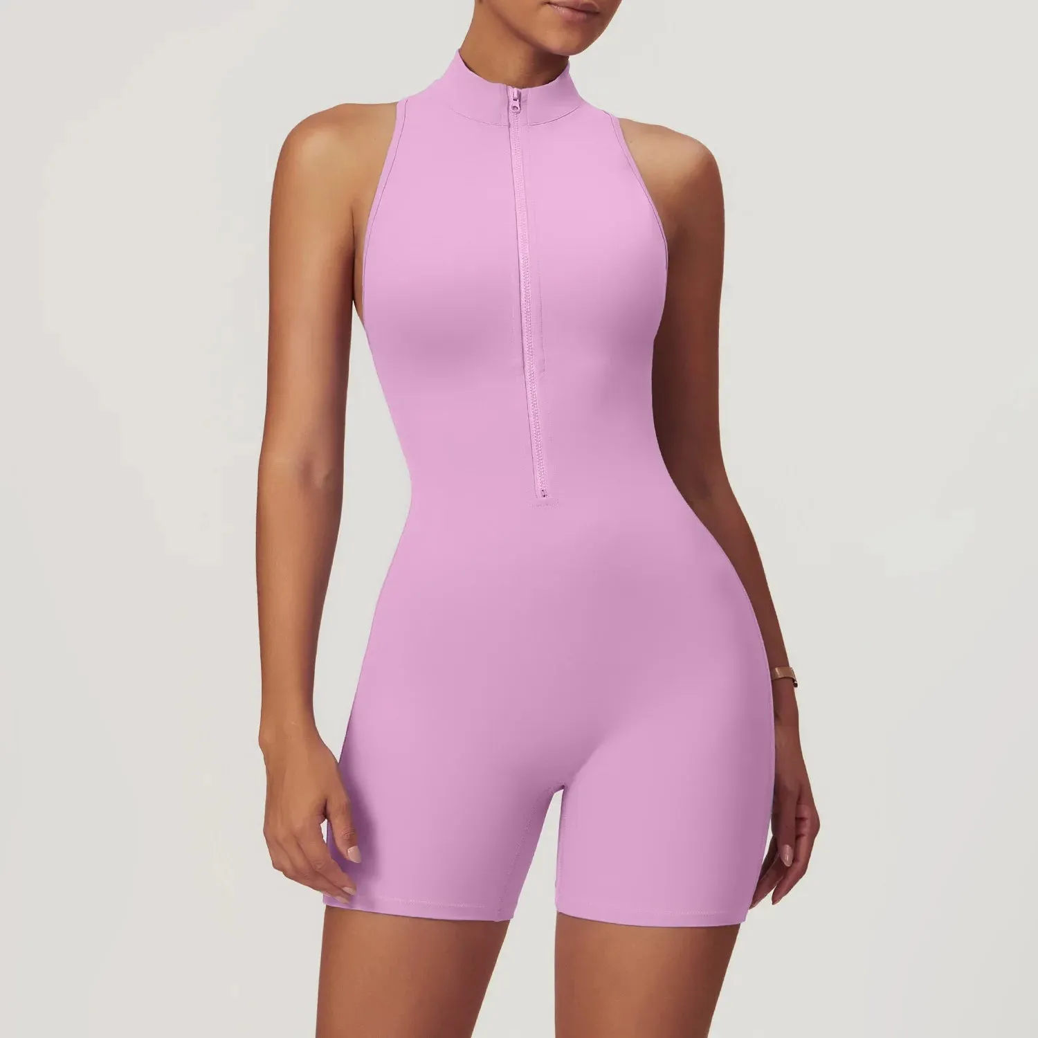 Backless Yoga Jumpsuit Shorts Set Women Zipper Workout Playsuit