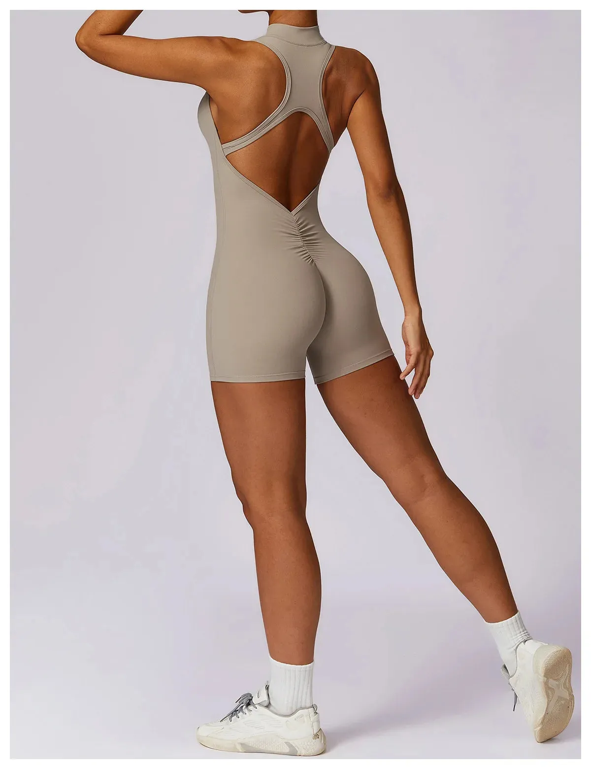 Backless Yoga Jumpsuit Shorts Set Women Zipper Workout Playsuit