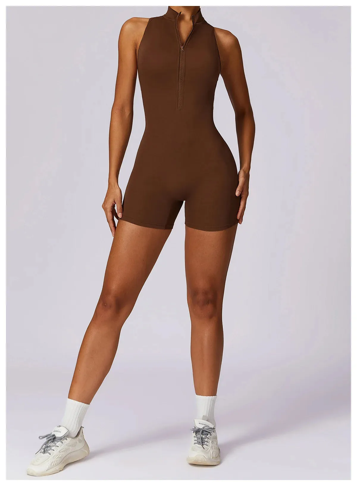 Backless Yoga Jumpsuit Shorts Set Women Zipper Workout Playsuit
