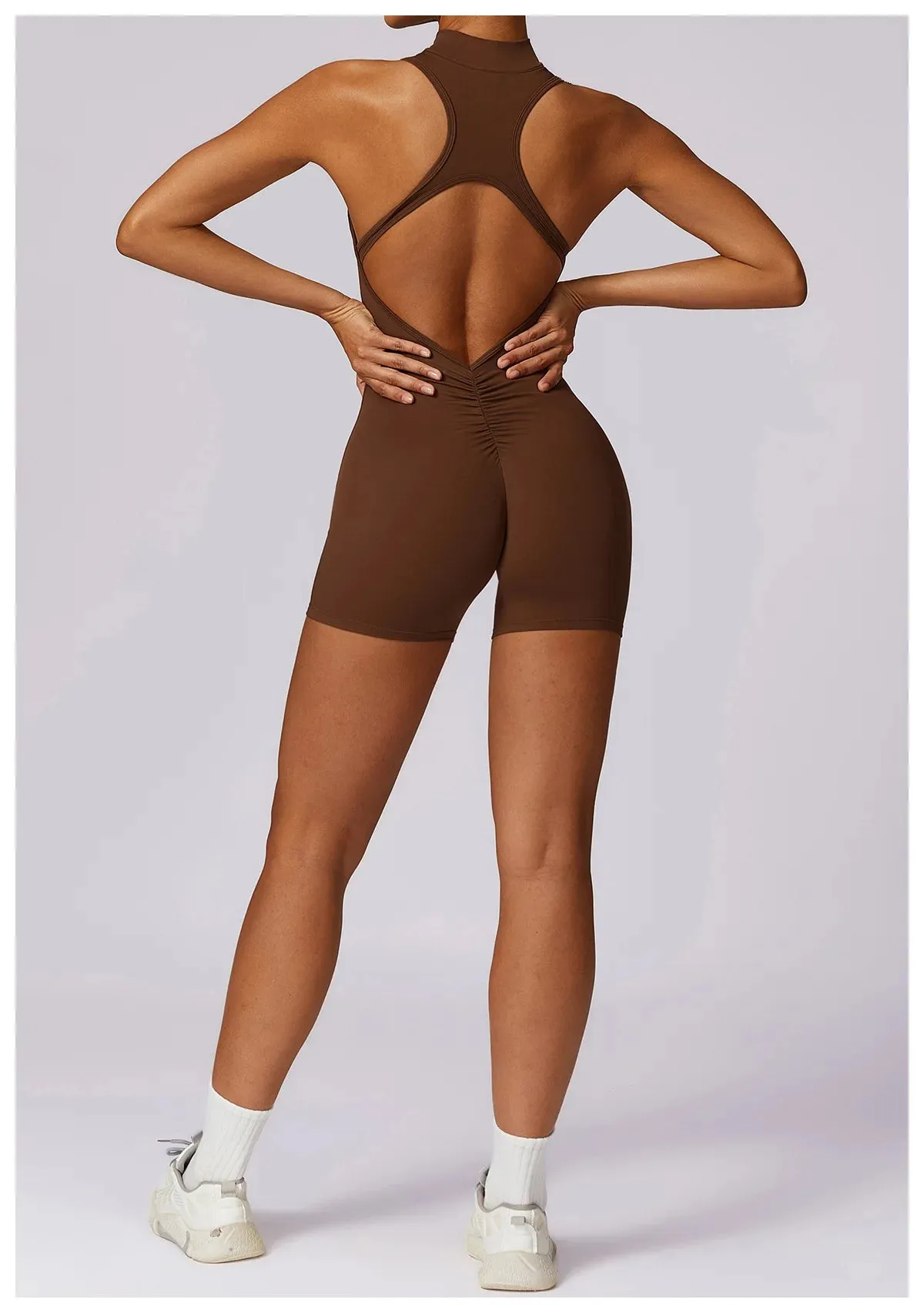 Backless Yoga Jumpsuit Shorts Set Women Zipper Workout Playsuit
