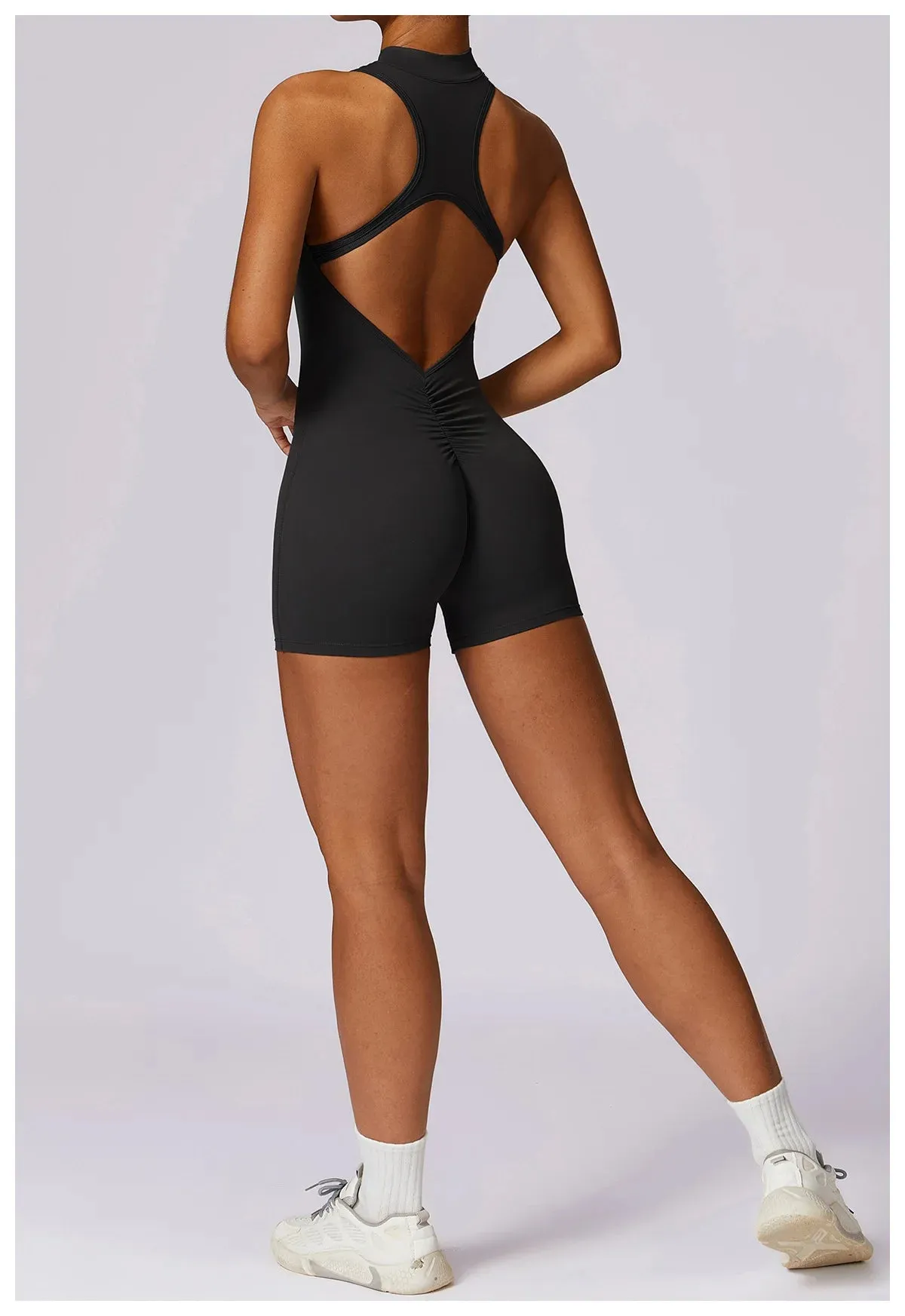 Backless Yoga Jumpsuit Shorts Set Women Zipper Workout Playsuit
