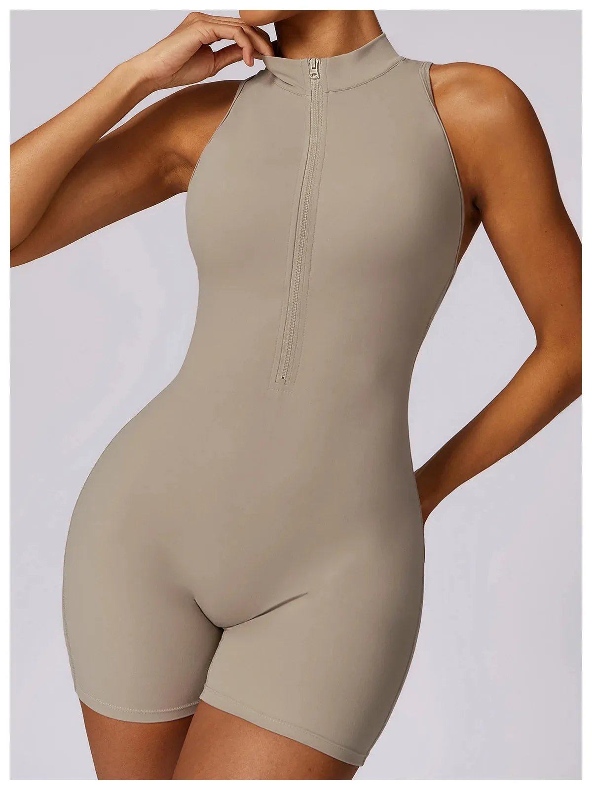 Backless Yoga Jumpsuit Shorts Set Women Zipper Workout Playsuit