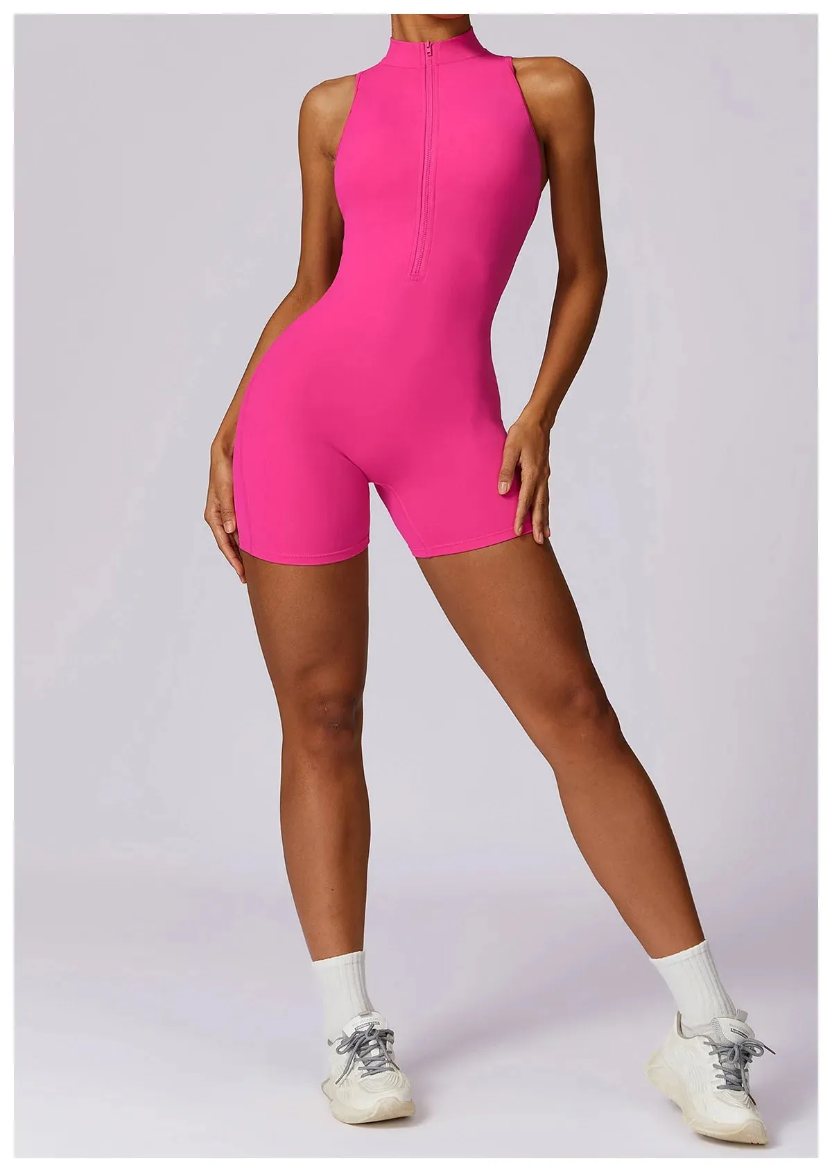 Backless Yoga Jumpsuit Shorts Set Women Zipper Workout Playsuit