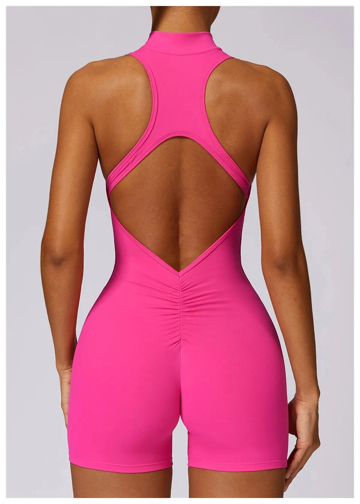Backless Yoga Jumpsuit Shorts Set Women Zipper Workout Playsuit