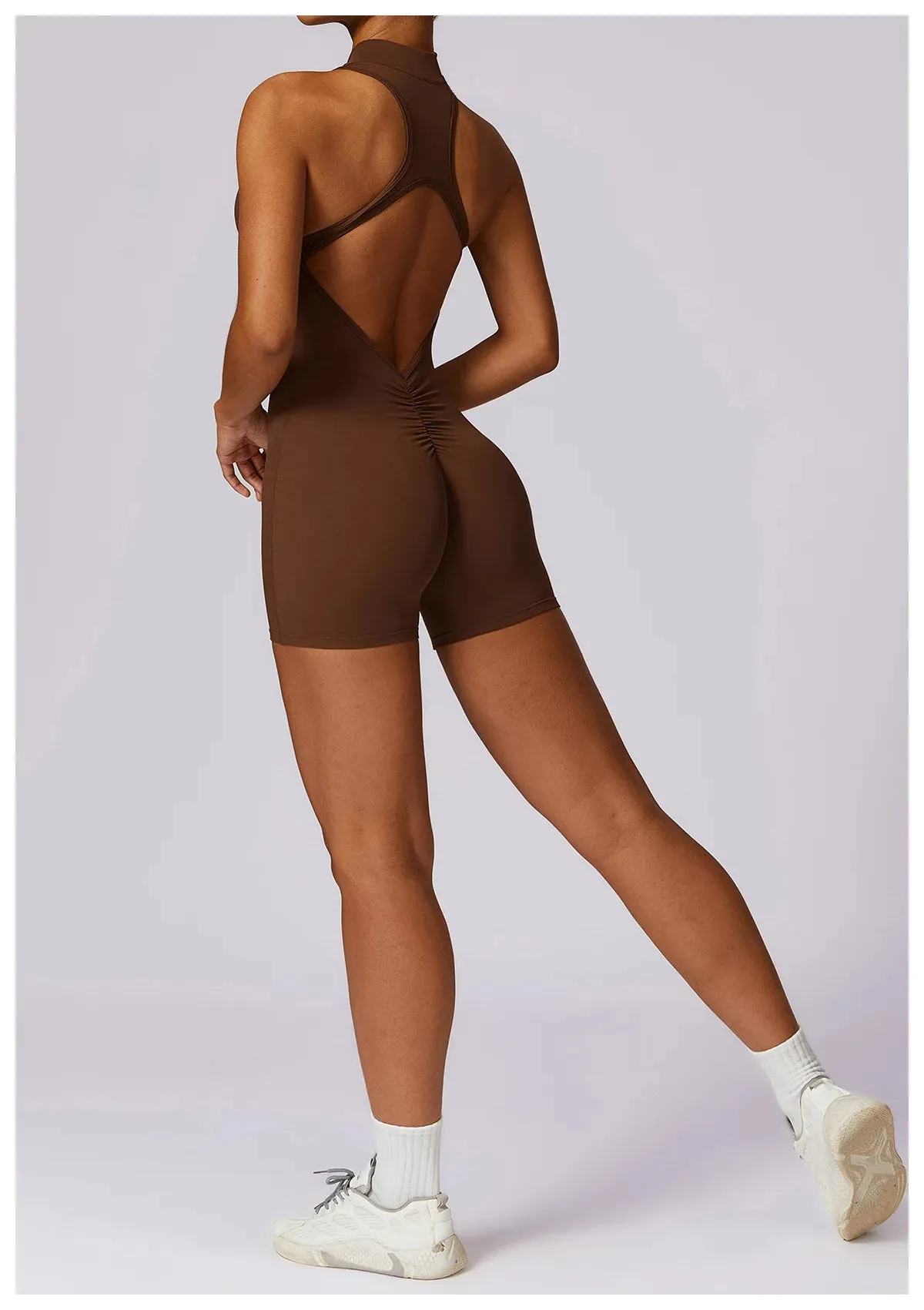 Backless Yoga Jumpsuit Shorts Set Women Zipper Workout Playsuit