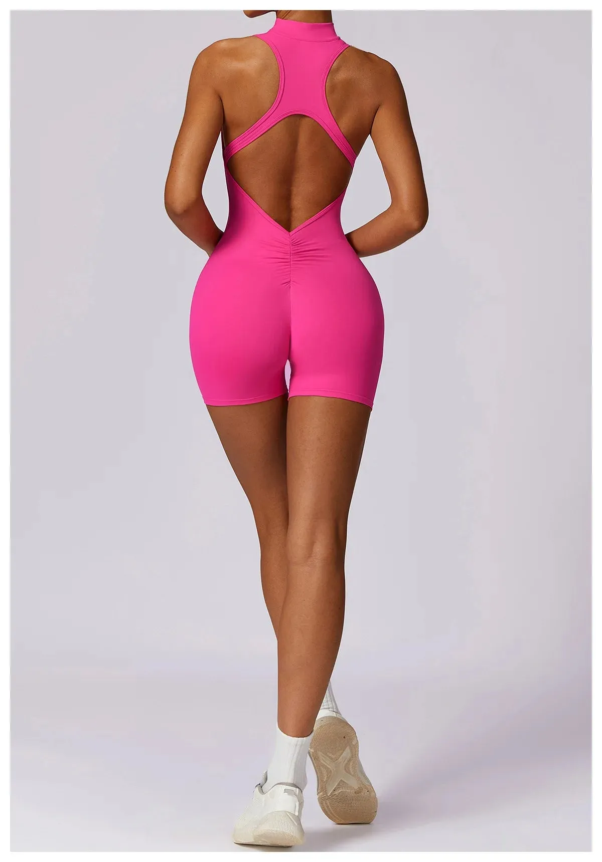 Backless Yoga Jumpsuit Shorts Set Women Zipper Workout Playsuit