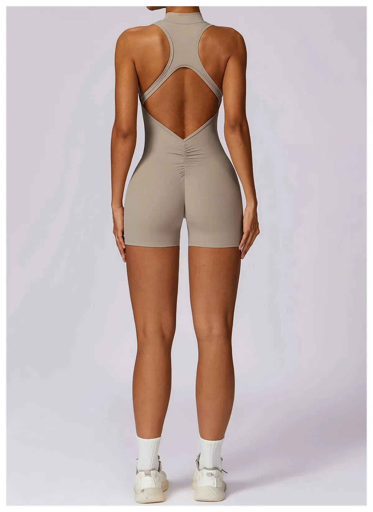 Backless Yoga Jumpsuit Shorts Set Women Zipper Workout Playsuit