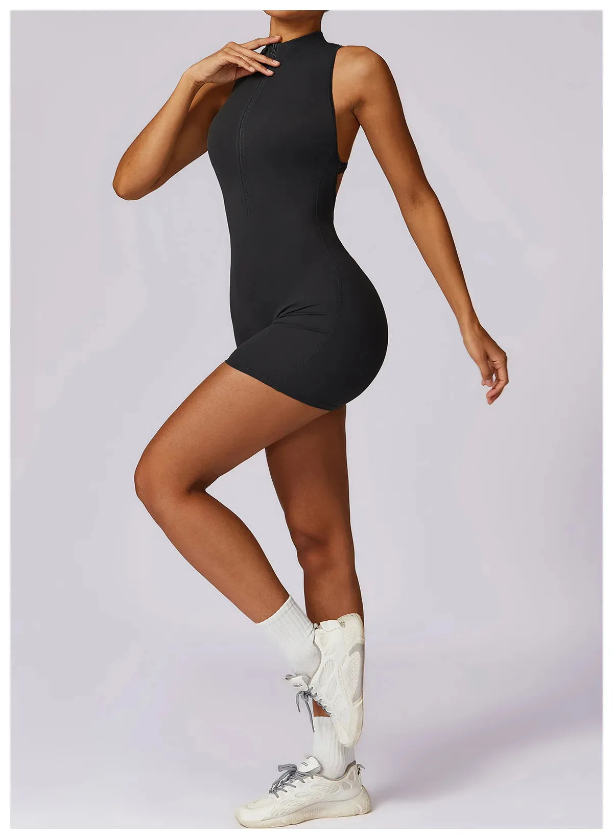 Backless Yoga Jumpsuit Shorts Set Women Zipper Workout Playsuit