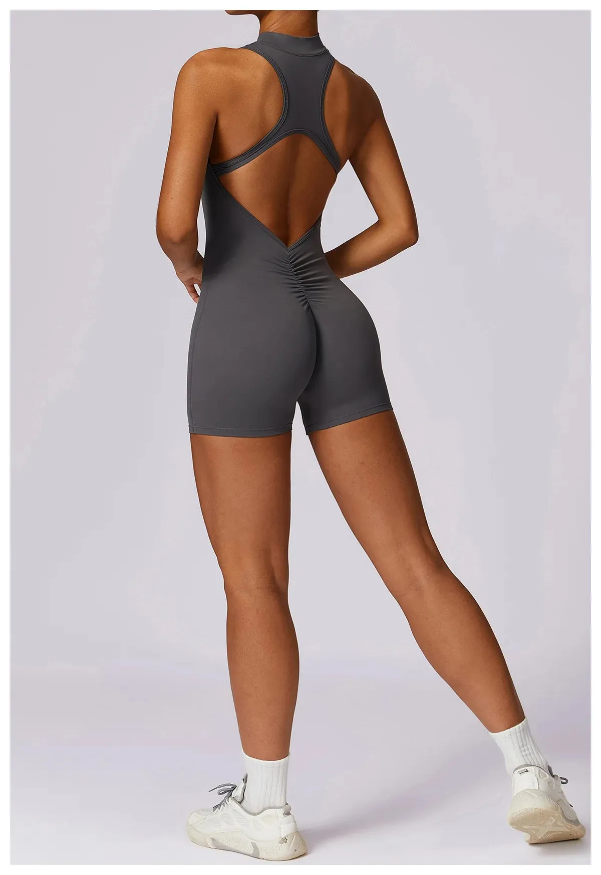 Backless Yoga Jumpsuit Shorts Set Women Zipper Workout Playsuit