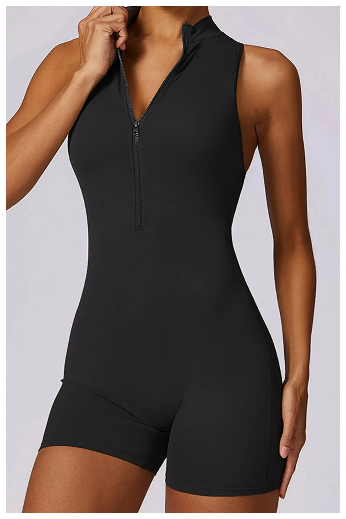 Backless Yoga Jumpsuit Shorts Set Women Zipper Workout Playsuit