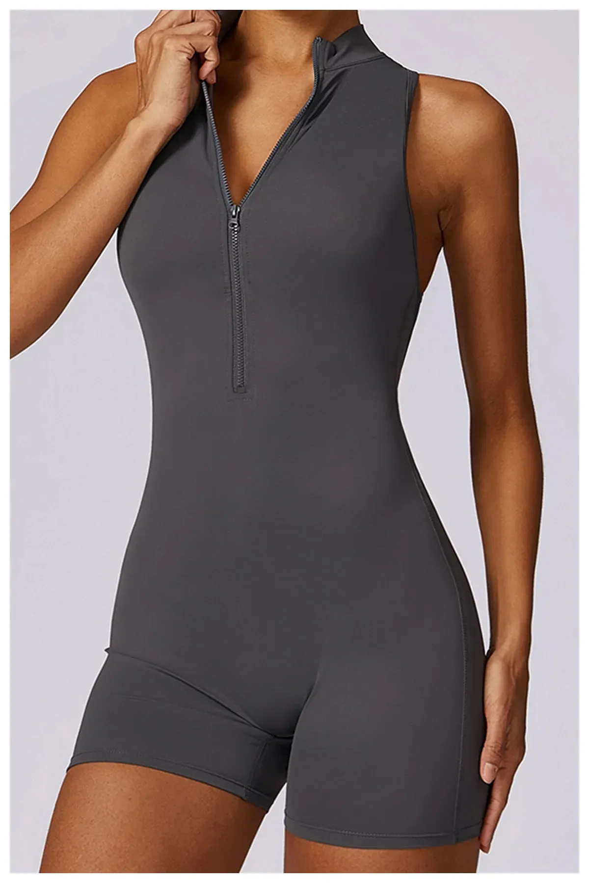 Backless Yoga Jumpsuit Shorts Set Women Zipper Workout Playsuit