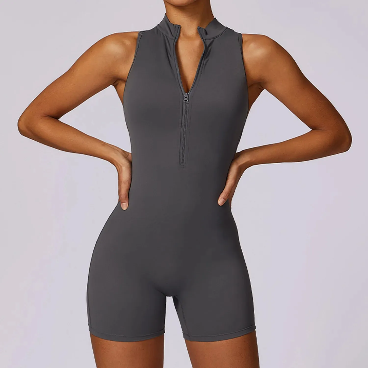 Backless Yoga Jumpsuit Shorts Set Women Zipper Workout Playsuit