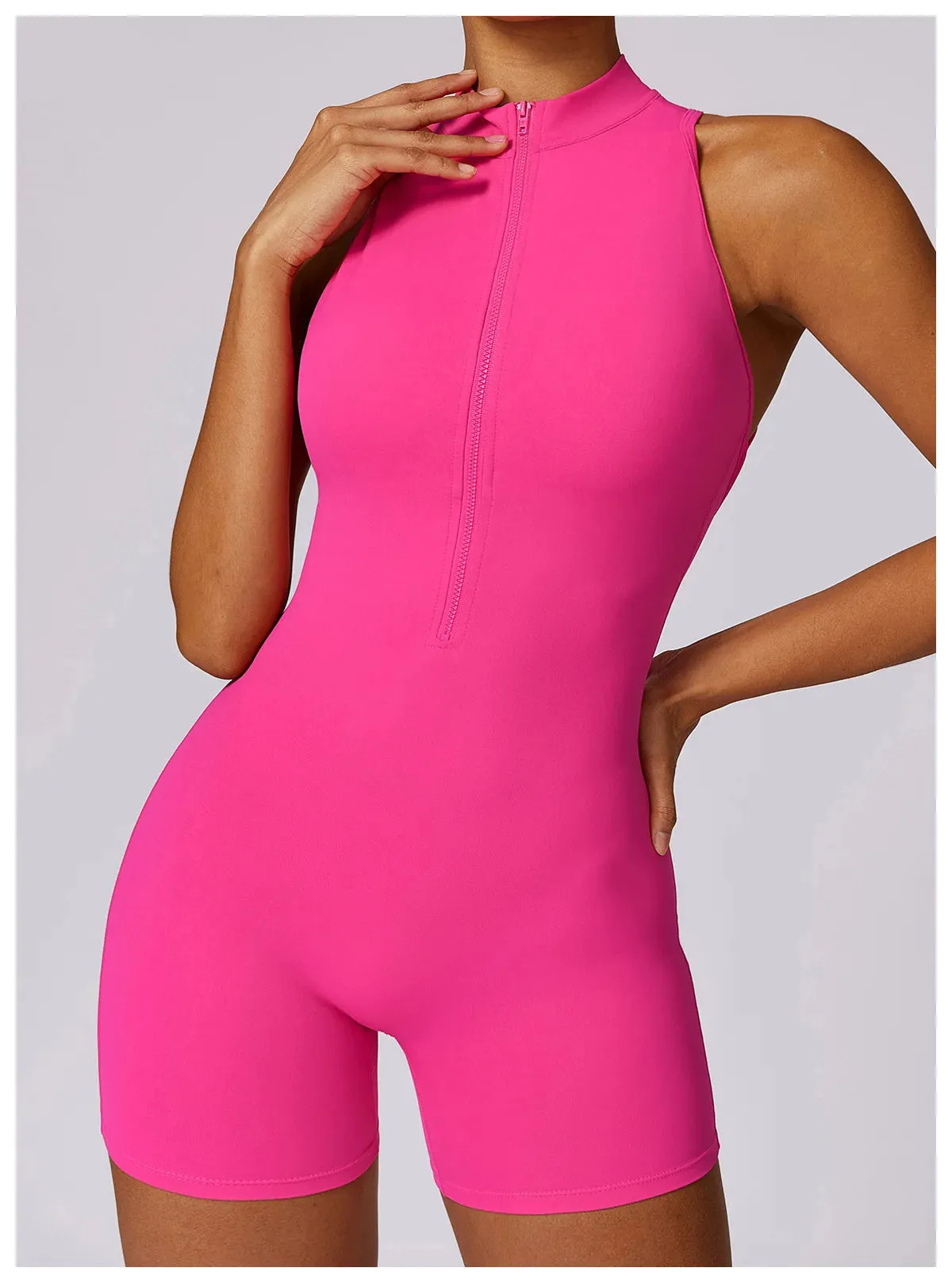 Backless Yoga Jumpsuit Shorts Set Women Zipper Workout Playsuit
