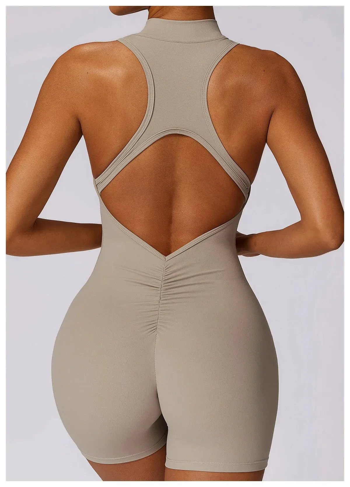 Backless Yoga Jumpsuit Shorts Set Women Zipper Workout Playsuit