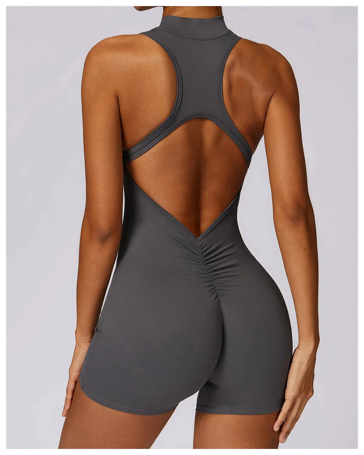 Backless Yoga Jumpsuit Shorts Set Women Zipper Workout Playsuit