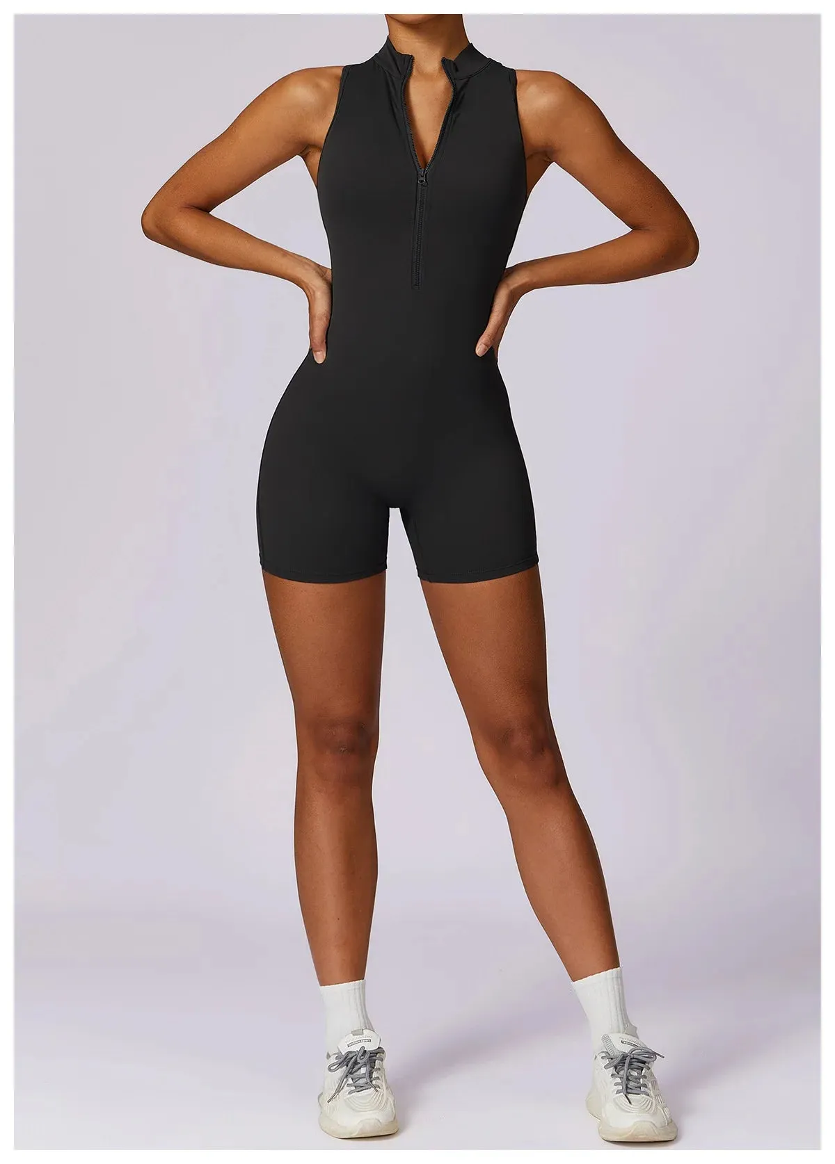 Backless Yoga Jumpsuit Shorts Set Women Zipper Workout Playsuit
