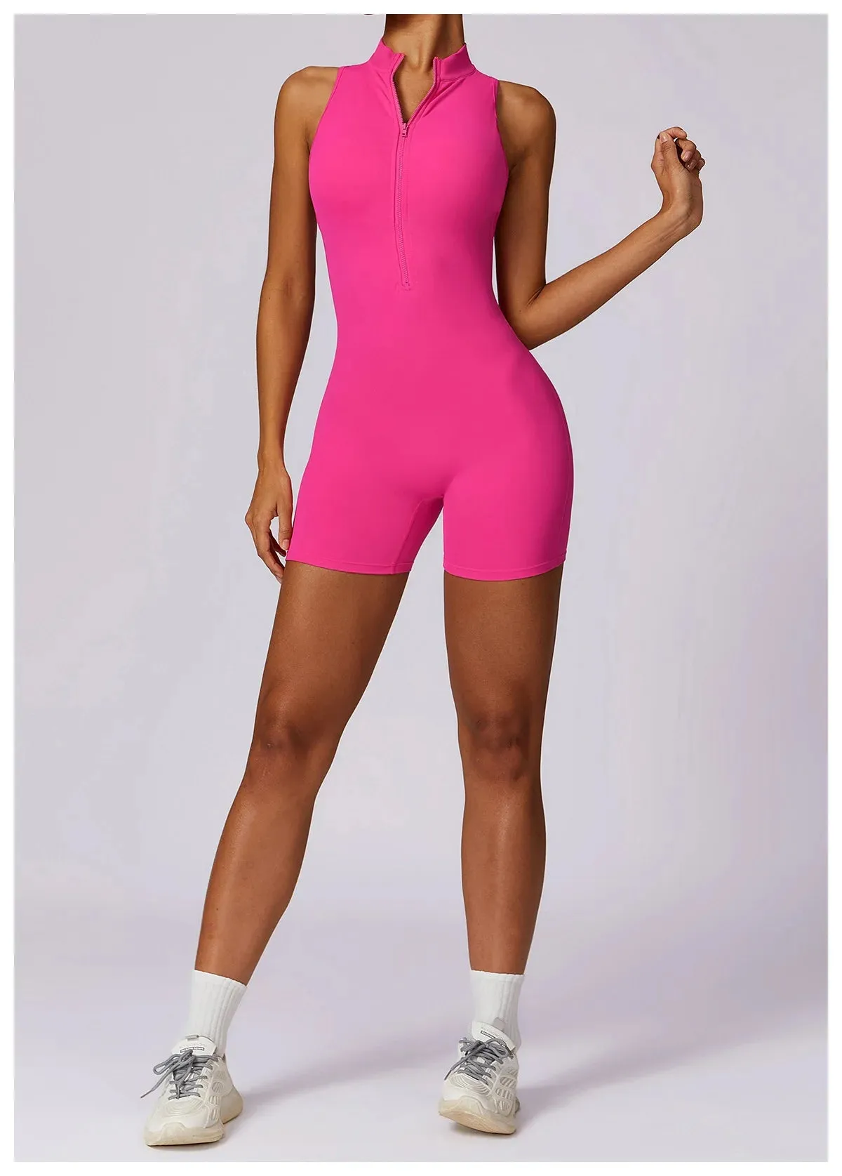 Backless Yoga Jumpsuit Shorts Set Women Zipper Workout Playsuit