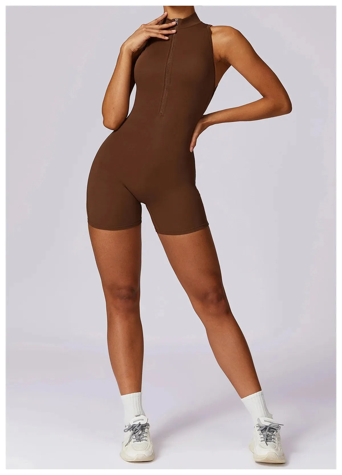 Backless Yoga Jumpsuit Shorts Set Women Zipper Workout Playsuit