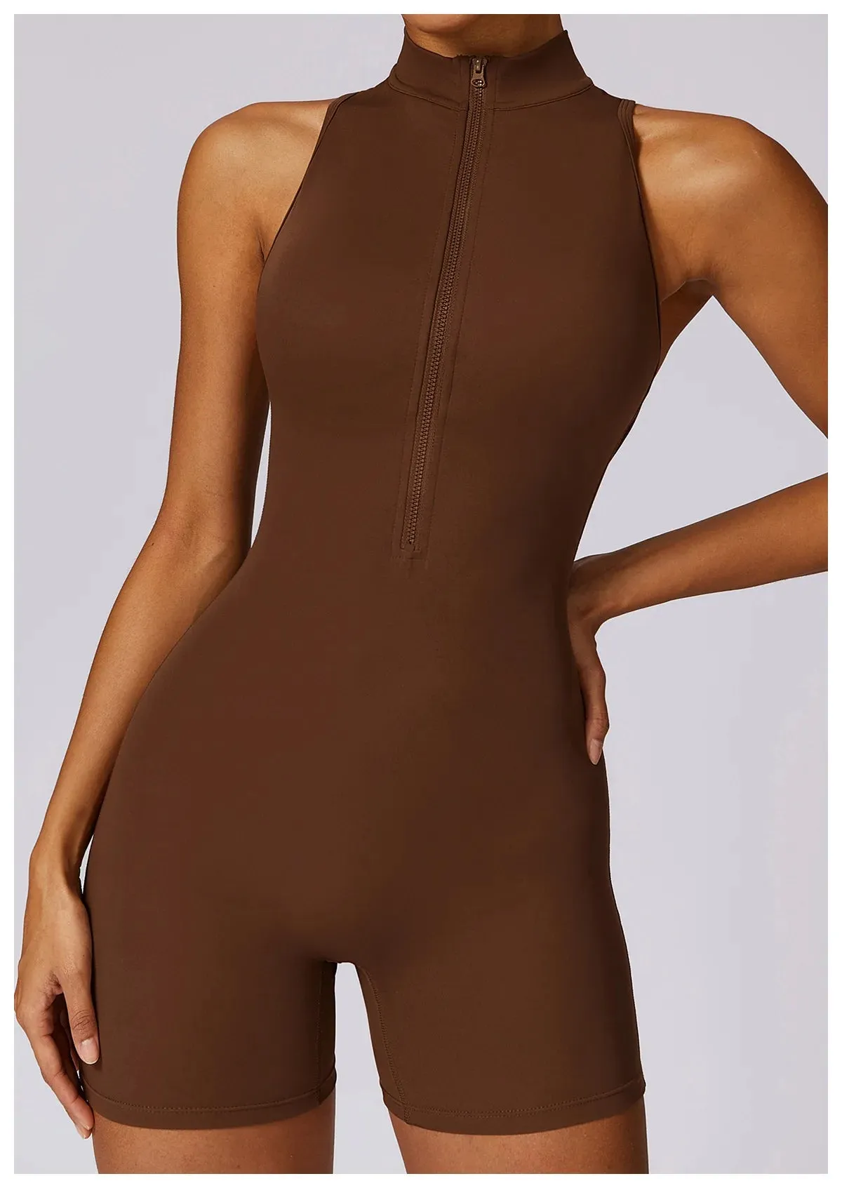Backless Yoga Jumpsuit Shorts Set Women Zipper Workout Playsuit