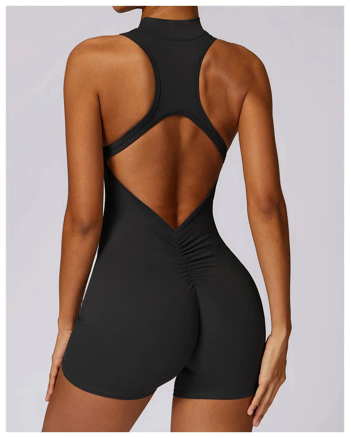 Backless Yoga Jumpsuit Shorts Set Women Zipper Workout Playsuit