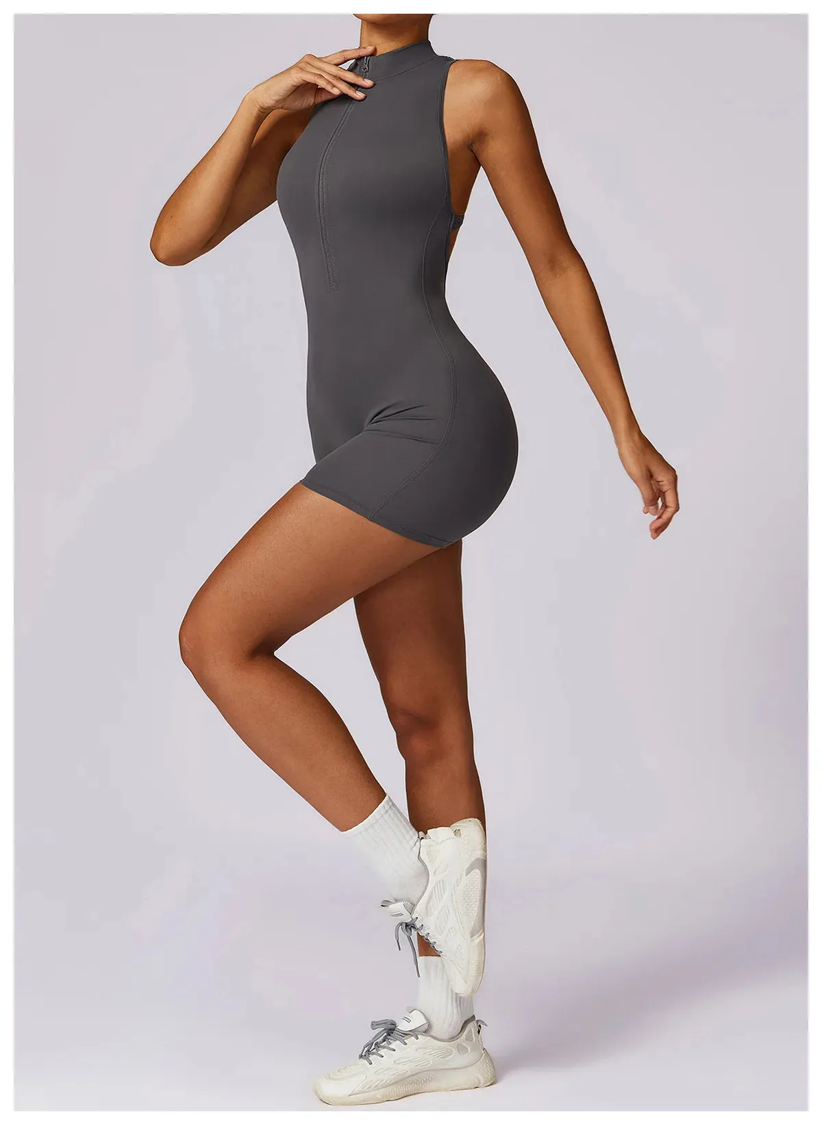 Backless Yoga Jumpsuit Shorts Set Women Zipper Workout Playsuit
